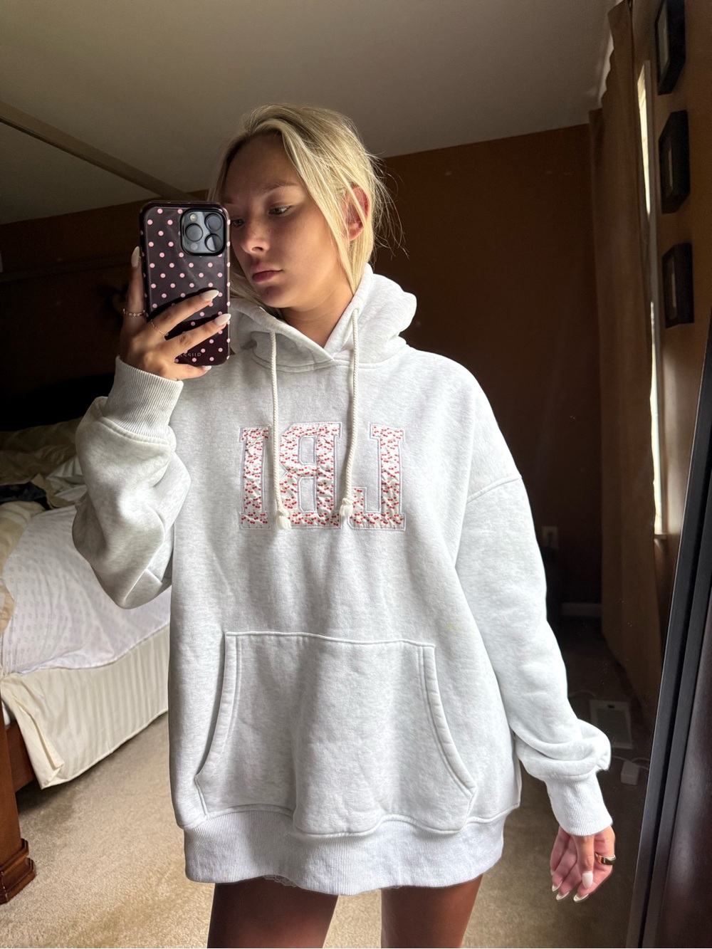 White Hoodie with red cherry 'LBI' Applique